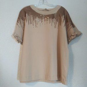 Vine & Love women's size L beige and gold rhinestone fringe sequin blouse